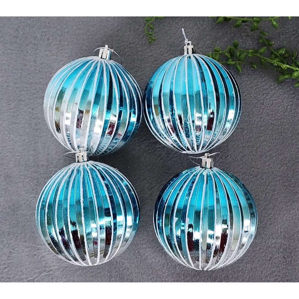 4 Blue‎ & Silver Striped Christmas Round Ball Ornaments Coastal Plastic 4" Ombre